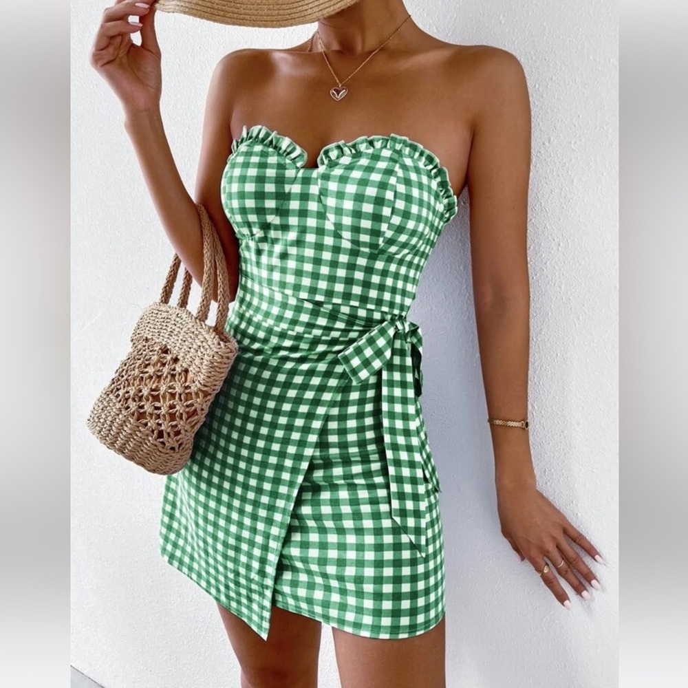 Buffalo Plaid Frill Trim Wrap Knot Side Tube Dress-green